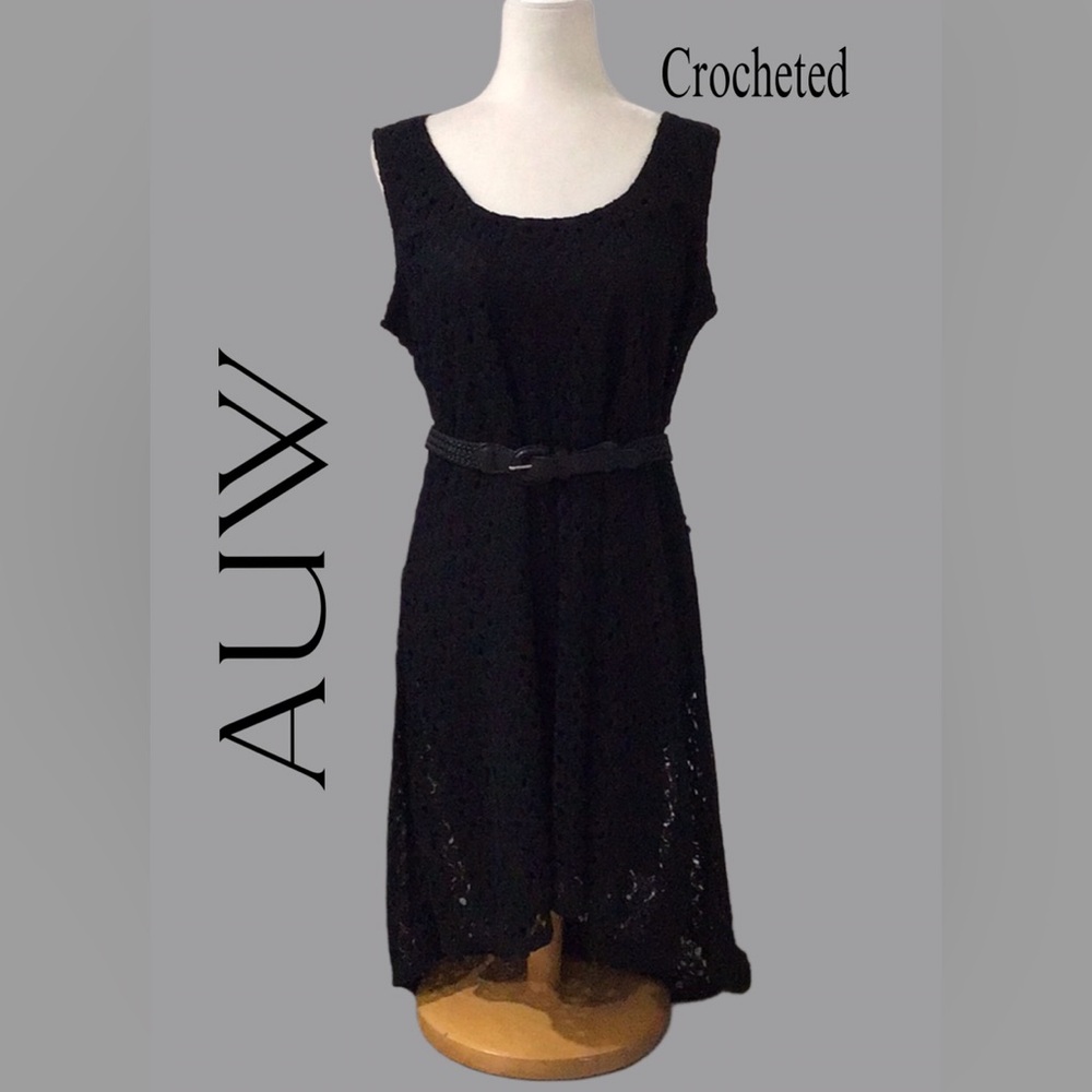 NEW AUW “Estilo” Black Crocheted Belted Tank Dress High/Low Hem Size XL